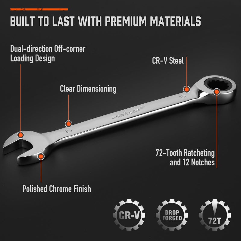 HORUSDY 13-Piece Sturdy Ratcheting Wrench Set | Metric Sizes 6-19mm | Max Torque Ratchet Combination Wrenches Set with Storage Rack | 72-Tooth | Chrome Vanadium Steel - Image 5